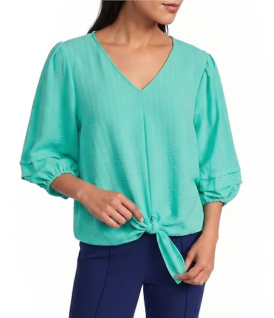 Investments Textured Stripe Tie Front V-Neck 3/4 Sleeve Top