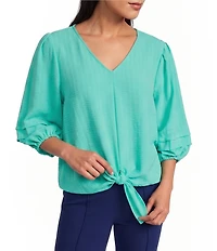 Investments Textured Stripe Tie Front V-Neck 3/4 Sleeve Top