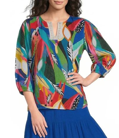 Investments Tropical Delight Print 3/4 Sleeve Embroidery Trim Split V-Neck Coordinating Blouse