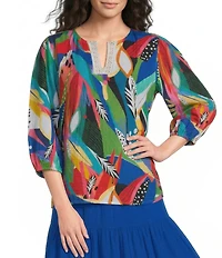Investments Tropical Delight Print 3/4 Sleeve Embroidery Trim Split V-Neck Coordinating Blouse