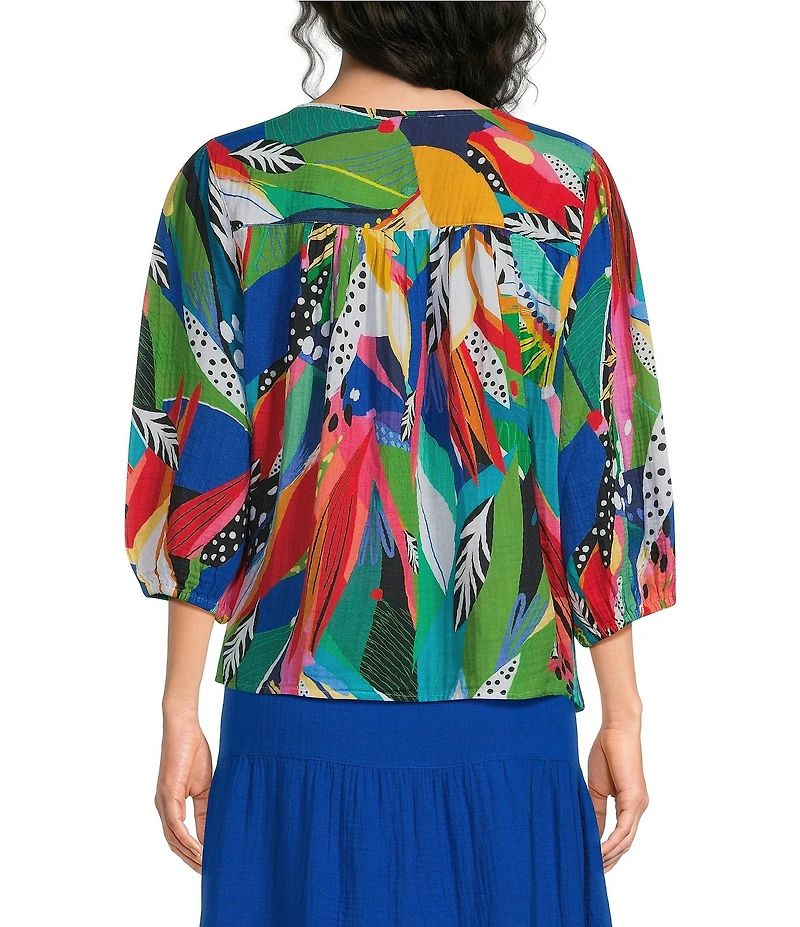 Investments Tropical Delight Print 3/4 Sleeve Embroidery Trim Split V-Neck Coordinating Blouse