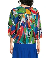 Investments Tropical Delight Print 3/4 Sleeve Embroidery Trim Split V-Neck Coordinating Blouse