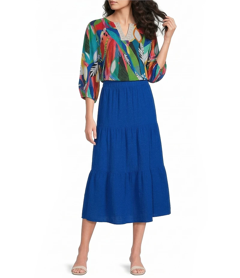 Investments Tropical Delight Print 3/4 Sleeve Embroidery Trim Split V-Neck Coordinating Blouse