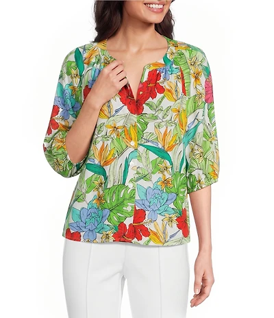 Investments Tropical Floral Print 3/4 Cuff Sleeve Y-Neck Button Down Coordinating Blouse