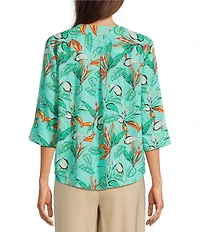 Investments Vibrant Palm Print 3/4 Sleeve Split V-Neck Button Shirt