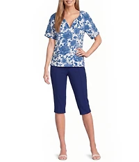 Investments Viney Floral Print Short Bubble Sleeve Split V-Neck Blouse