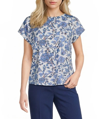 Investments Vista Blue Sky Bloom Print Cap Sleeve Boat Neck Rory Knit Tee