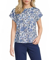 Investments Vista Blue Sky Bloom Print Cap Sleeve Boat Neck Rory Knit Tee