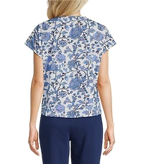 Investments Vista Blue Sky Bloom Print Cap Sleeve Boat Neck Rory Knit Tee
