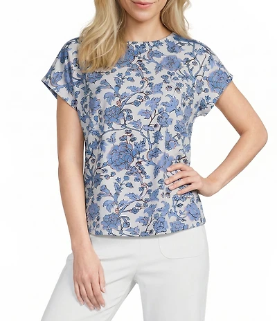 Investments Vista Blue Sky Bloom Print Cap Sleeve Boat Neck Rory Knit Tee