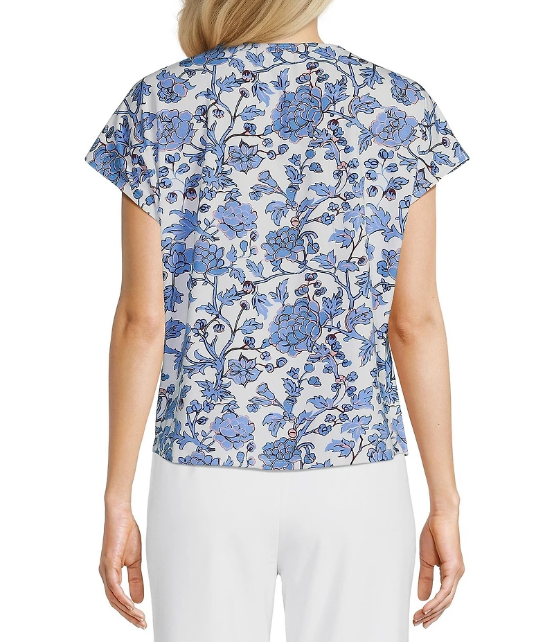 Investments Vista Blue Sky Bloom Print Cap Sleeve Boat Neck Rory Knit Tee