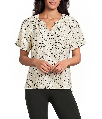 Investments Watermark Dot Print Short Ruffle Sleeve Split-V Neck Blouse