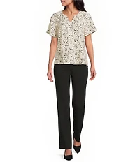 Investments Watermark Dot Print Short Ruffle Sleeve Split-V Neck Blouse