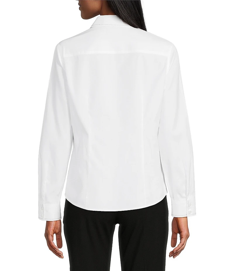 Investments White Woven Long Sleeve Point Collar Button Front Top