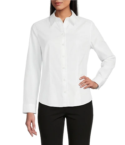Investments White Woven Long Sleeve Point Collar Button Front Top