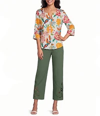 Investments Wide Leg Embroidery Cut Out Crop Pants