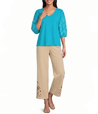 Investments Wide Leg Embroidery Cut Out Crop Pants