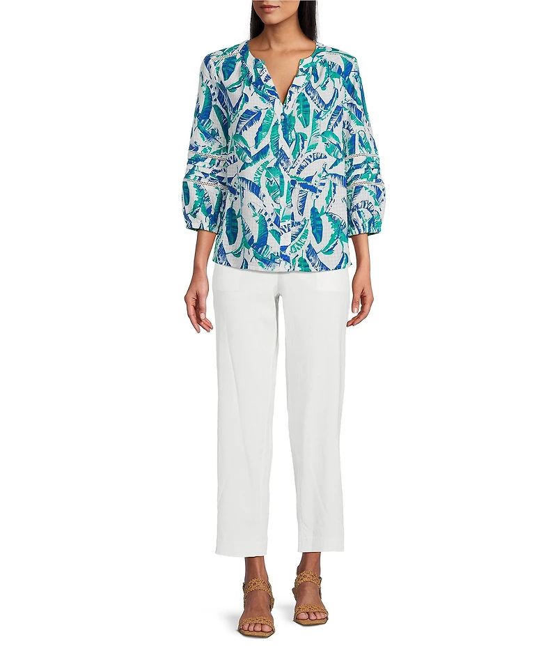 Investments Woven Feather Print 3/4 Sleeve Y-Neck Button Front Top