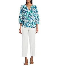 Investments Woven Feather Print 3/4 Sleeve Y-Neck Button Front Top