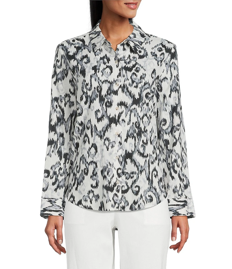 Investments Woven Black White Ikat Long Sleeve Point Collar Button Front Top