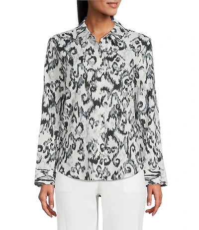 Investments Woven Black White Ikat Long Sleeve Point Collar Button Front Top