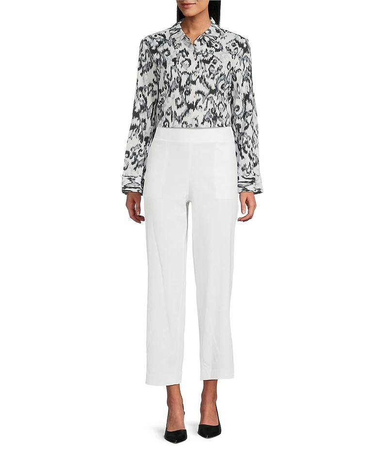 Investments Woven Black White Ikat Long Sleeve Point Collar Button Front Top
