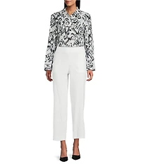 Investments Woven Black White Ikat Long Sleeve Point Collar Button Front Top