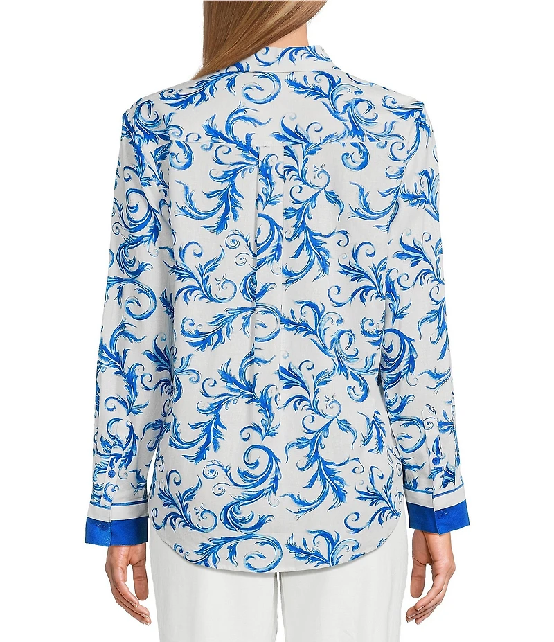 Investments Woven Blue Lolite Status Border Long Sleeve Point Collar Button Front Top