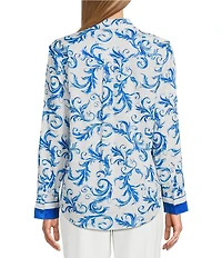 Investments Woven Blue Lolite Status Border Long Sleeve Point Collar Button Front Top
