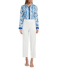 Investments Woven Blue Lolite Status Border Long Sleeve Point Collar Button Front Top
