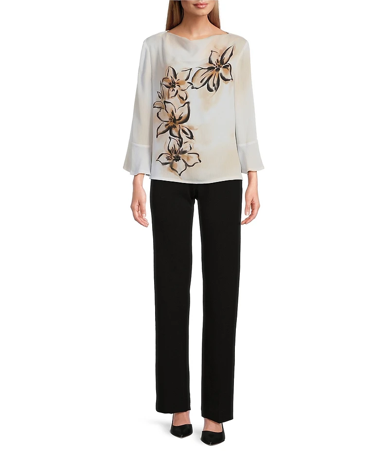 Investments Woven Floral Graffiti 3/4 Ruffle Sleeve Cowl Neck Top