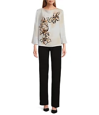 Investments Woven Floral Graffiti 3/4 Ruffle Sleeve Cowl Neck Top