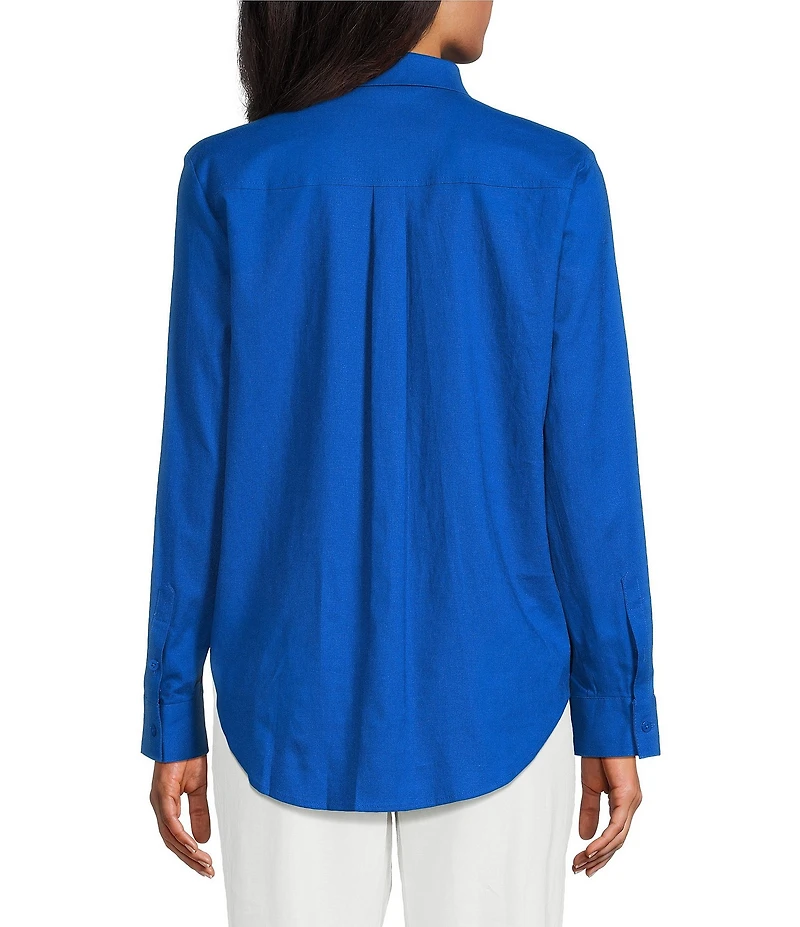 Investments Woven Long Sleeve Point Collar Button Front Top