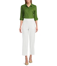 Investments Woven Long Sleeve Point Collar Button Front Top