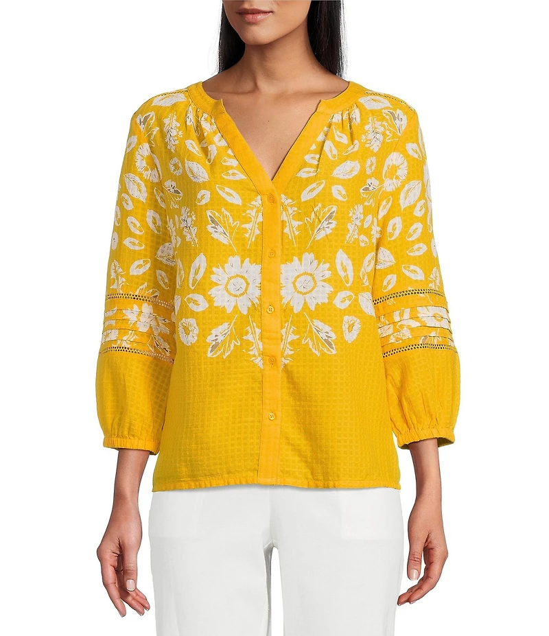 Investments Woven Medallion Floral 3/4 Sleeve Y-Neck Button Front Top