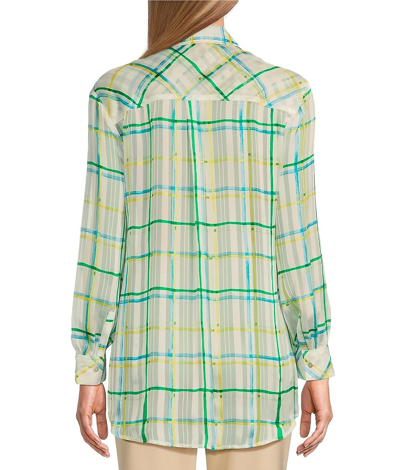 Investments Woven Multi Windowpane Plaid Long Sleeve Point Collar Button Front Top