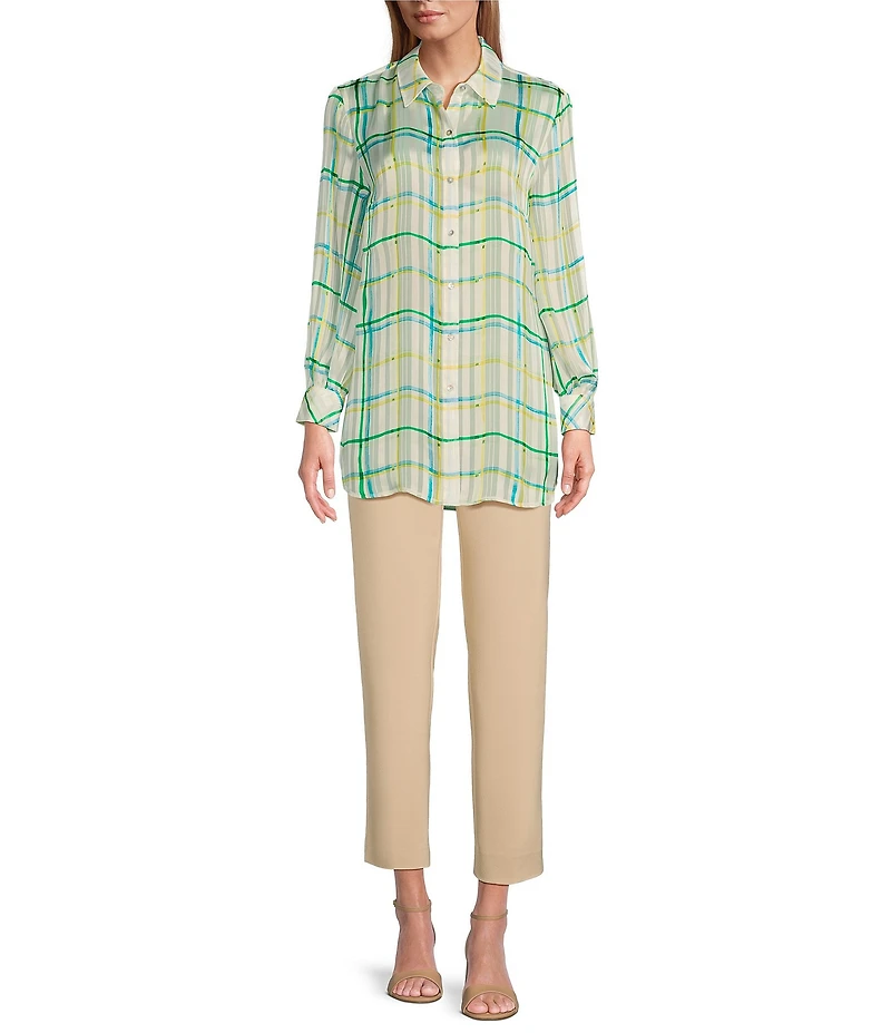 Investments Woven Multi Windowpane Plaid Long Sleeve Point Collar Button Front Top