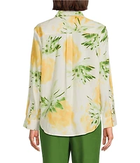 Investments Woven Pineapple Print Long Sleeve Point Collar Button Front Top