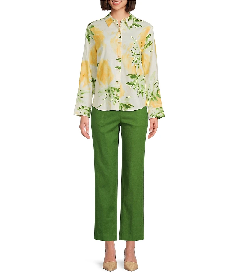Investments Woven Pineapple Print Long Sleeve Point Collar Button Front Top