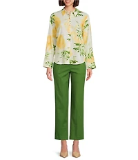 Investments Woven Pineapple Print Long Sleeve Point Collar Button Front Top