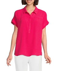 Investments Woven Short Sleeve Point Collar Partial Button Front Top