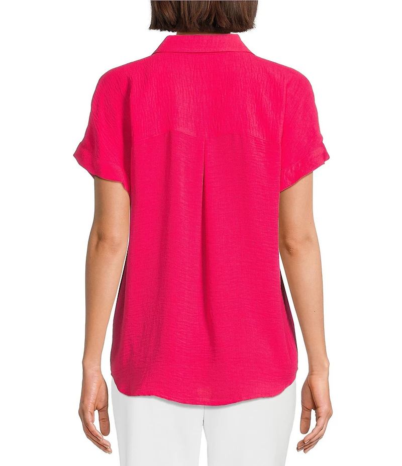 Investments Woven Short Sleeve Point Collar Partial Button Front Top