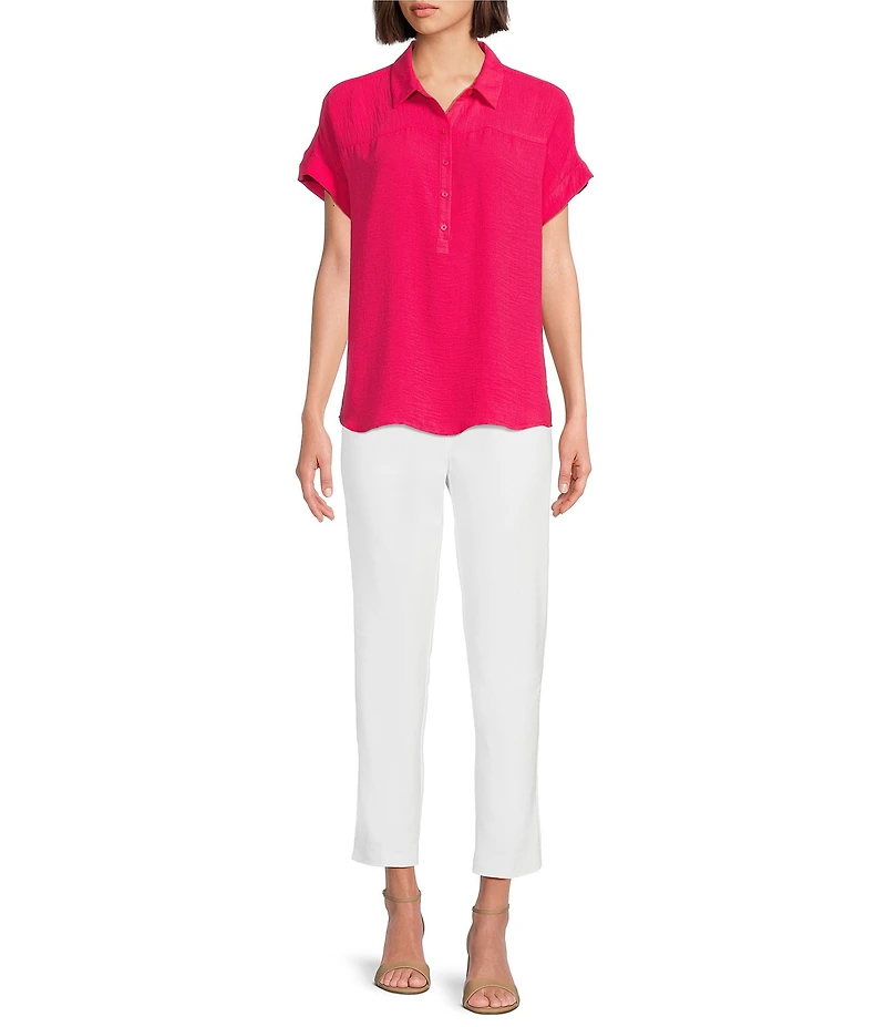 Investments Woven Short Sleeve Point Collar Partial Button Front Top