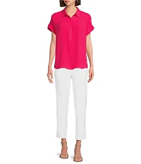 Investments Woven Short Sleeve Point Collar Partial Button Front Top