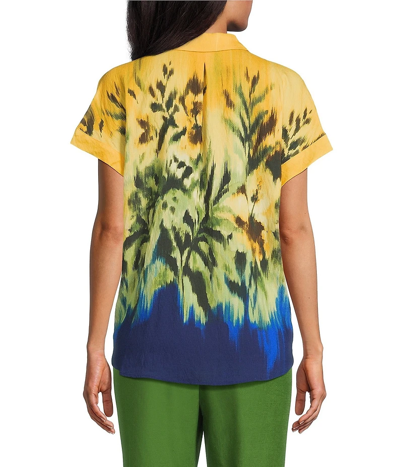 Investments Woven Tropical Floral Short Sleeve Point Collar Partial Button Front Top