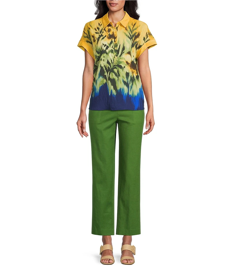 Investments Woven Tropical Floral Short Sleeve Point Collar Partial Button Front Top