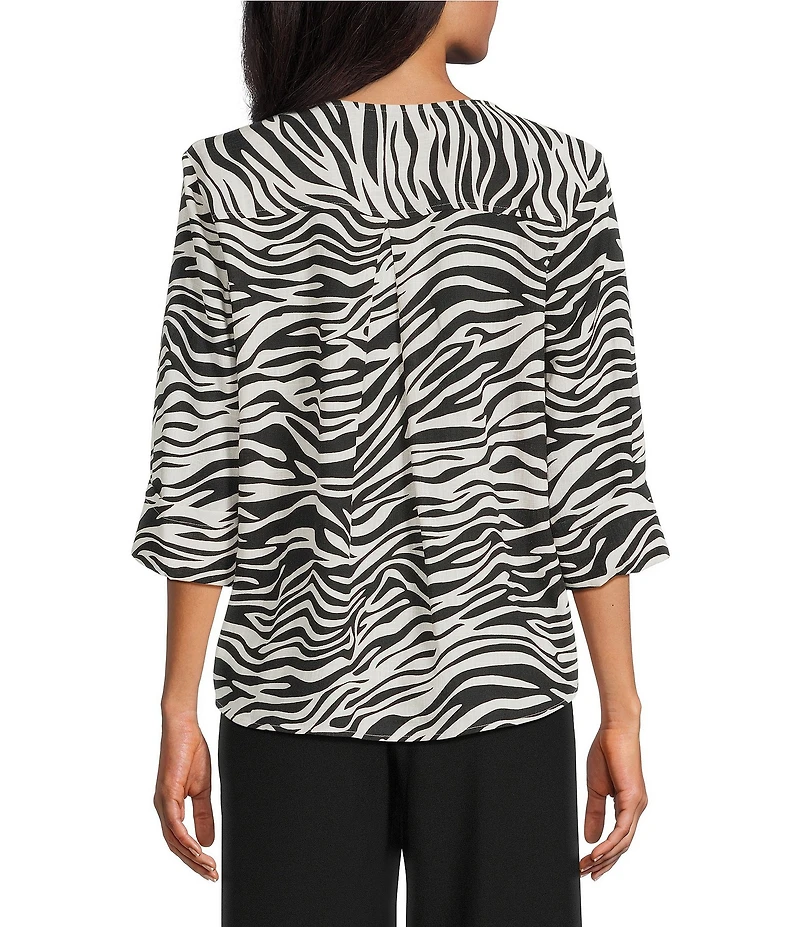 Investments Zebra Print 3/4 Sleeve Split V-Neck Button Shirt