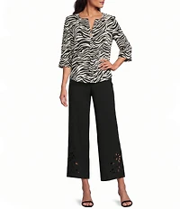 Investments Zebra Print 3/4 Sleeve Split V-Neck Button Shirt
