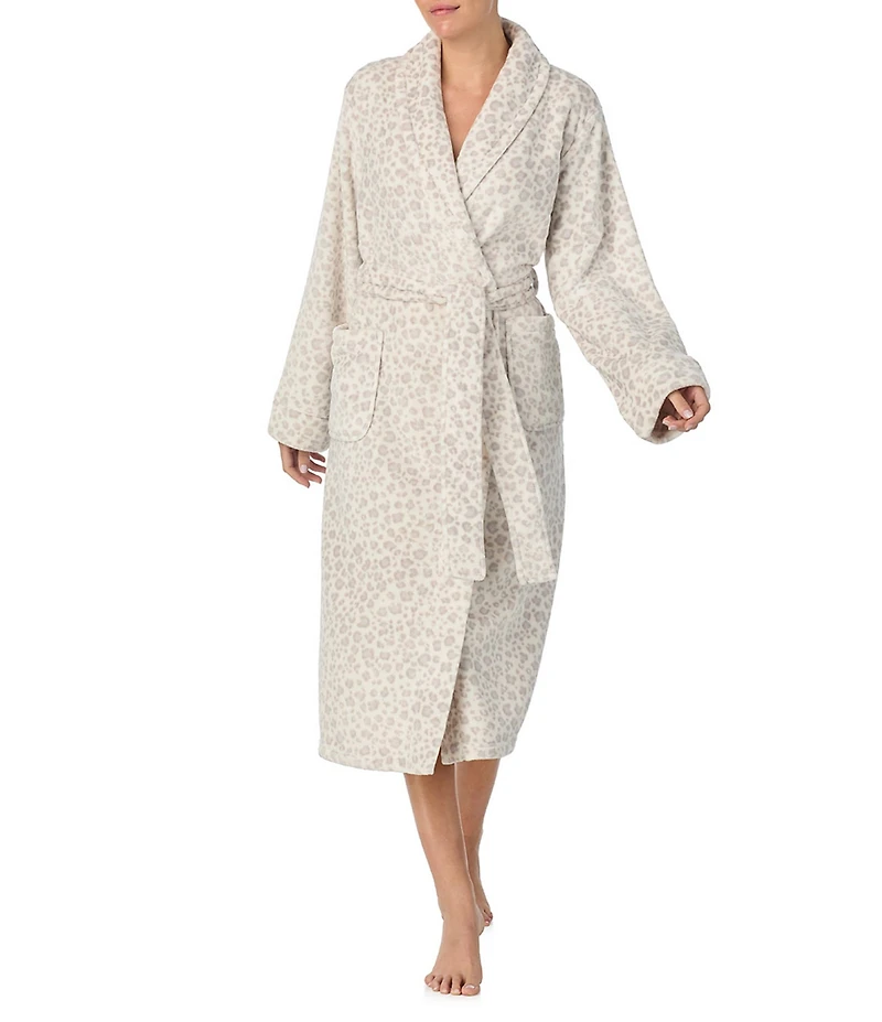 iRelax Long Sleeve Shawl Collar Plush Velour Animal Print Long Robe