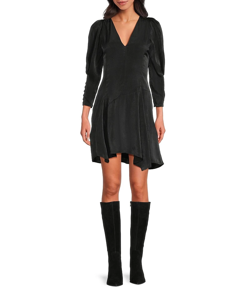 IRO Emerila Sateen V-Neck 3/4 Puff Sleeve Asymmetrical Hem Dress